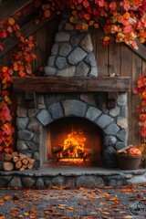 Cozy Stone Fireplace with Autumn Leaves and Warm Fire in Rustic Cabin Setting
