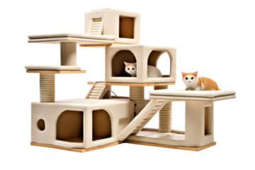 multi-level cat house with scratching posts, ramps, and hiding holes, providing ample space for cats to play and explore. Isolated on white background