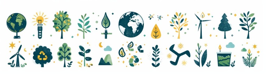 environmental protection, including a globe, a tree, a recycling symbol, and a wind turbine