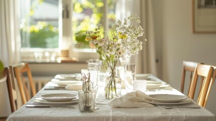 A beautifully arranged dining table with fresh flowers, elegant tableware, and natural light creating a warm atmosphere.