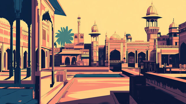 Risograph stencilled riso print travel poster, card, wallpaper or banner illustration, modern, isolated, clear, simple of Sialkot, Pakistan. Artistic, screen printing, stencil