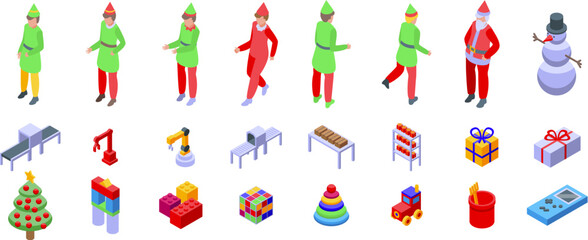 Christmas factory conveyor icons set. Santa claus is supervising his elves working in his factory, making toys for christmas