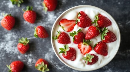 Top view of a bowl of yogurt with fresh strawberries, making a fresh and appetizing background.