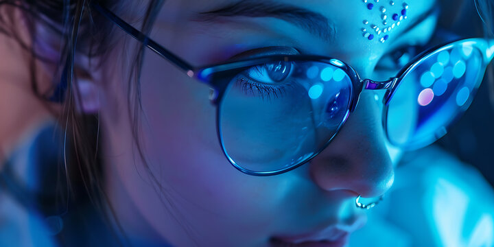 Close-up, blue, purple, and black, a woman's eye looking at the camera, a mysterious and captivating look, a sense of intrigue and wonder. 
