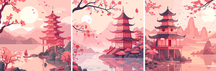 Asian landscape cartoon vector concepts. Tower pagoda pond boat lake mountains cherry blossom branch pink sky clouds oriental colored illustrations