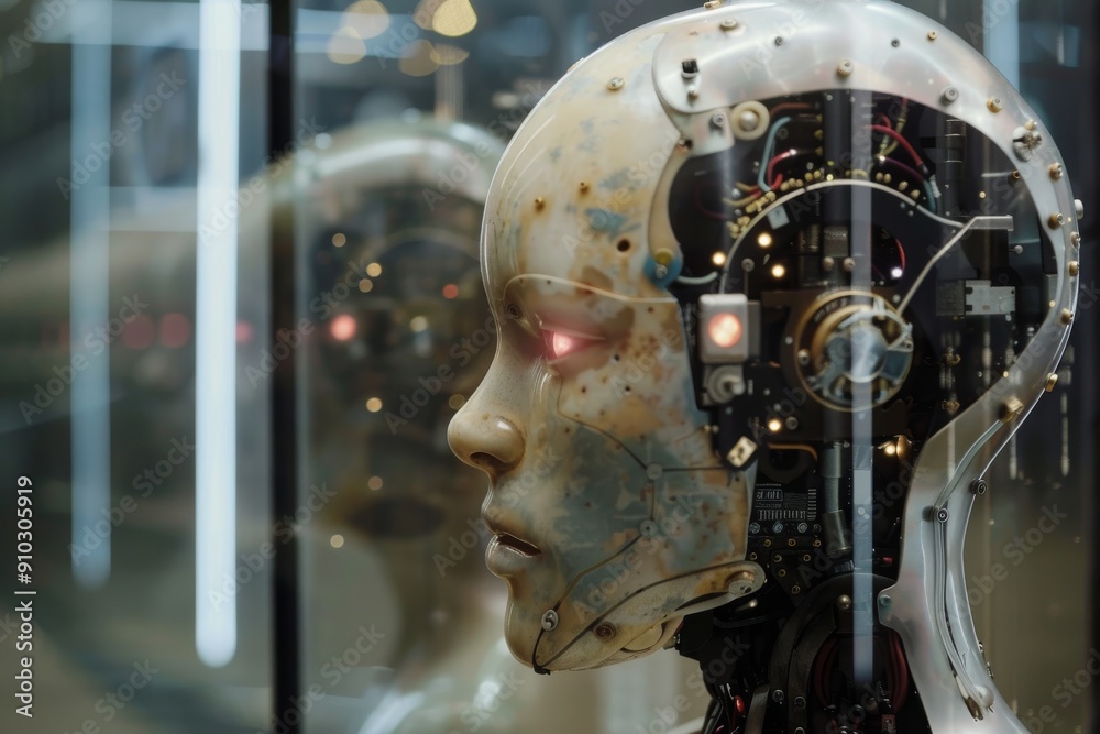 Poster mechanical robot head with numerous gears attached, showcasing intricate design and advanced technol