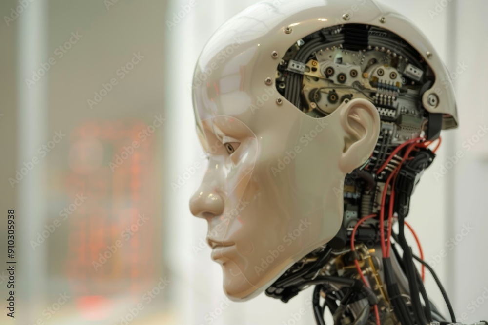 Poster an image of a mechanical robot head covered in multiple gears, machine learning models, ai generated