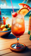 Refreshing cocktail in a glass on a wooden table in a beach club during sunset. Alcohol cocktails with ocean view, party nightlife at beachclub.