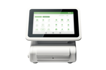 modern cash register with a sleek design, touchscreen display, and integrated payment options, isolated on a white background