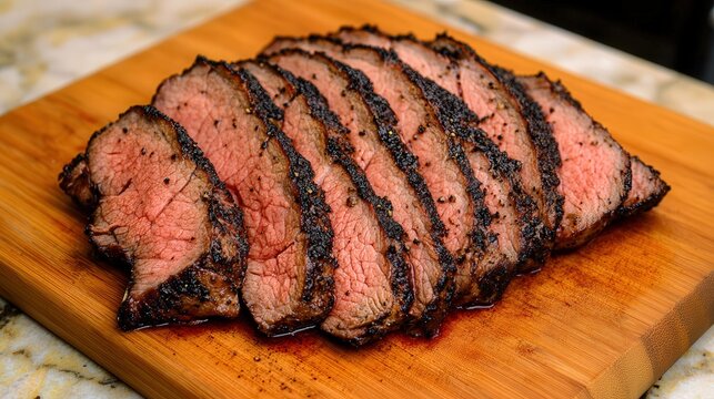 sliced tri tip brisket on a cutting board in a kitchen,  