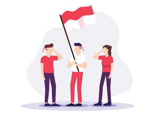 People celebrate Independence Day. Indonesia Independence Day on August 17th. People celebrate the national day of independence by holding the Indonesia flag. Vector illustration in a flat style
