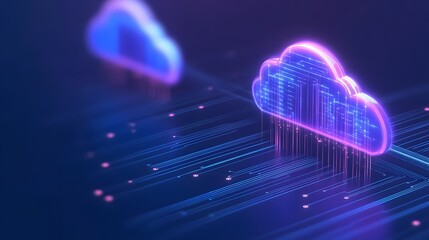 Obraz premium Futuristic digital cloud technology concept with neon lights and binary code, representing data storage and information security.
