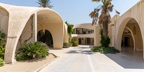 Modern beige architecture with lush green palm trees, conveying a sense of tranquility and luxury in a tropical paradise. 
