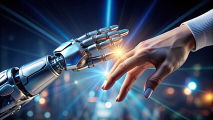 A futuristic robot hand gently touches a newly printed human hand prototype emerging from a 3D printer, symbolizing the fusion of artificial intelligence and human innovation.