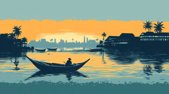 Risograph current riso print travel poster, card, wallpaper or banner illustration, modern, isolated, clear, simple of Sittwe, Myanmar. Artistic, screen printing, stencil