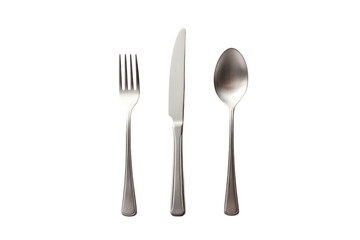 minimalist composition of a single fork, knife, and spoon, arranged in a simple geometric pattern on a white background. ,Isolated on white background