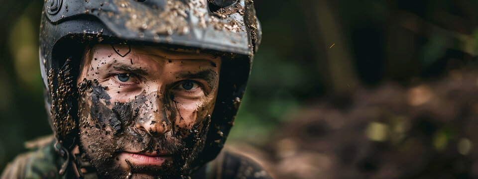 Muddy Man in Helmet, Brown and Green, Adventure, Extreme Sports, Determination, Mountain Biking. 
