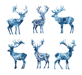 Azure roe deer color ink drawing vector illustrations. Antlers hoofed fur herbivorous natural untamed woodland creature animal graceful intricate pattern, artwork isolated on white background