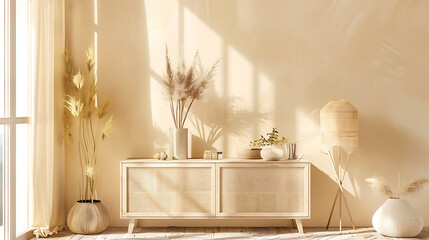 Beige, white, and brown, boho chic style, a minimalist living room with natural light and textures, evoking tranquility and warmth. 
