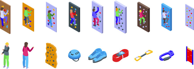 Kids climbing wall icons set. People climbing on climbing wall with equipment set isometric view for any web design © ylivdesign