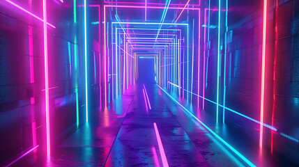 Neon pink and blue lights create a futuristic tunnel, evoking a sense of mystery and excitement. 
