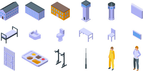 Prison building icons set. Prison life isometric icons set illustrating the concept of confinement and detention, including prison buildings, security features, and inmate life