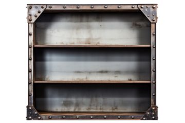 metal industrial bookshelf with a distressed finish and exposed rivets, isolated on white background