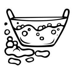 Bowl with soapy water for cleaning the house, hand drawn doodle. Full container. Washing clothes in the laundry room. Washing floors. Vector outline line art illustration.