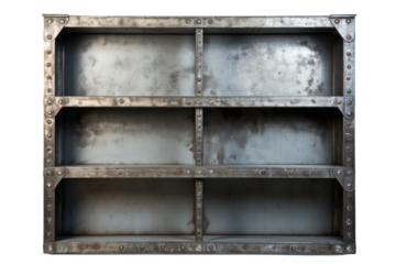 metal industrial bookshelf with a distressed finish and exposed rivets, isolated on white background