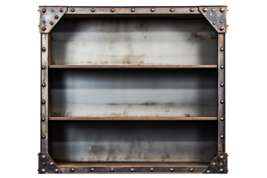 metal industrial bookshelf with a distressed finish and exposed rivets, isolated on white background