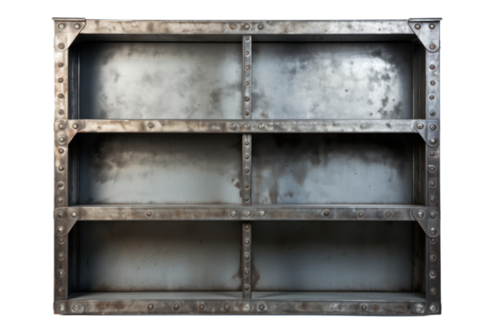 metal industrial bookshelf with a distressed finish and exposed rivets, isolated on white background - Powered by Adobe