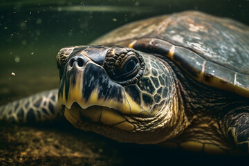 Obraz premium Turtle underwater, in the wild. Beautiful extreme close-up.