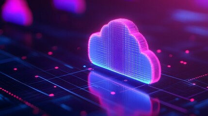 Futuristic glowing cloud icon on a digital grid background, representing cloud technology, big data, and data storage solutions.