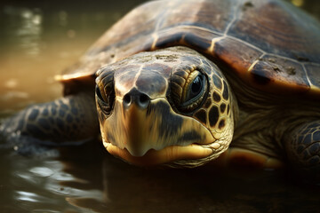 Turtle underwater, in the wild. Beautiful extreme close-up.