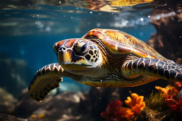 Obraz premium Turtle underwater, in the wild. Beautiful extreme close-up.