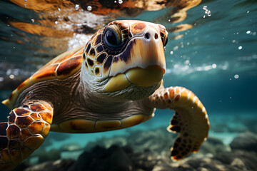 Fototapeta premium Turtle underwater, in the wild. Beautiful extreme close-up.