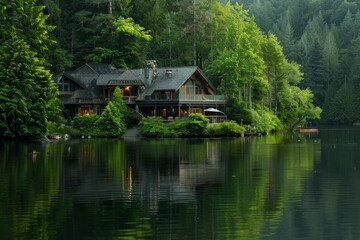 Obraz premium A serene lakefront house with lush greenery, Imagine the beauty of a serene lakeside retreat surrounded by lush forests., Ai generated