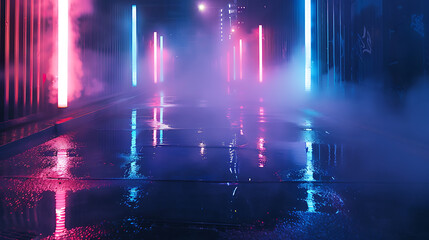 Neon lights reflect in a wet city street, creating a blue, pink, and purple cyberpunk atmosphere. 
