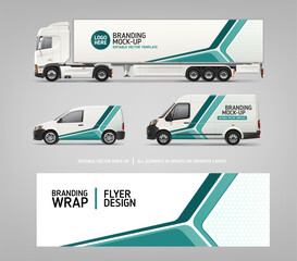 Vector Van, Truck, Delivery Car mockup with graphics design for branding and corporate identity. Abstract graphics of stripes for business banner background and vehicle branding and advertising