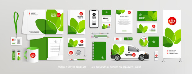 Editable vector Brand Identity concept of stationery Mock-Up set with nature style green abstract graphics design. Branding stationery mockup template of File folder, annual report, van car, AD banner © VRTX