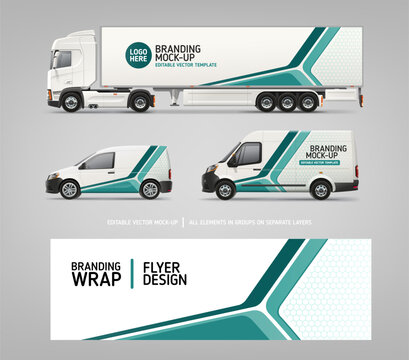 Vector Van, Truck, Delivery Car mockup with graphics design for branding and corporate identity. Abstract graphics of stripes for business banner background and vehicle branding and advertising