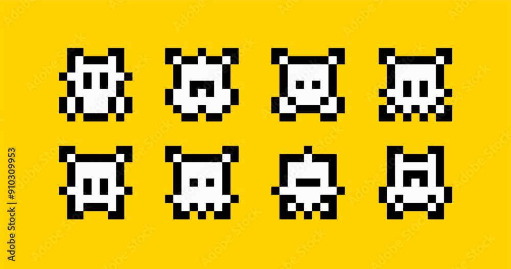 Poster 8-bit space arcade game icons. pixel art ufo aliens character icons set in retro video game style ve