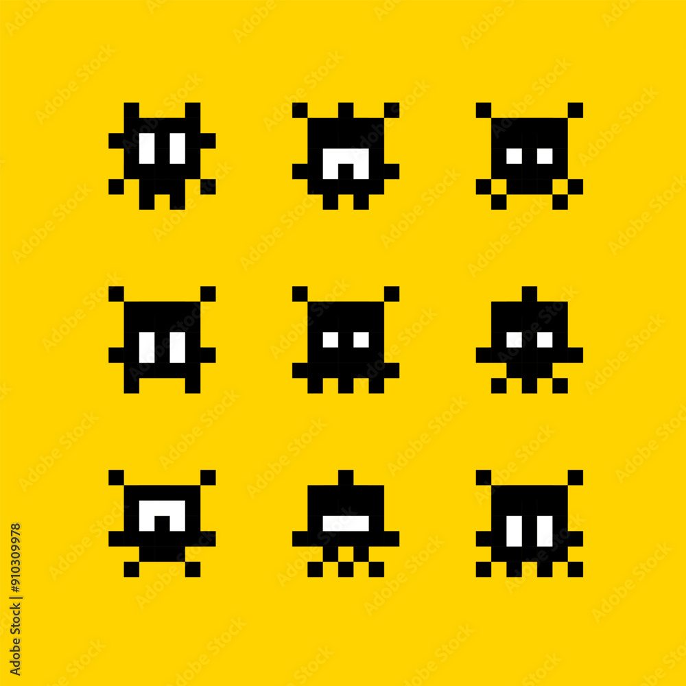 Poster 8-bit space arcade icons of pixel art ufo aliens character set in retro video game style isolated ve