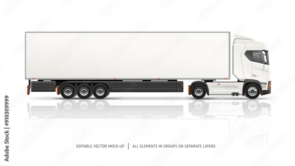 Wall mural Modern Trailer Truck Side view blank mockup. White Cargo Semi Truck with space for text or your branding design - realistic editable vector template. Horizontal blank for banner and advertesment