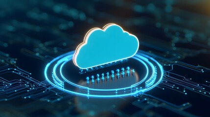 Futuristic illustration of cloud computing technology, depicting a digital cloud over a circuit board with glowing blue lines.