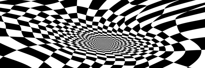 Abstract Black and White Pattern with Tunnel. Contrasty Optical Psychedelic Illusion. Smooth Checkered Spiral and Chessboard in Perspective. Raster. 3D Illustration