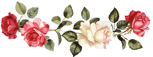 Romantic red, white, and green roses, a delicate floral illustration perfect for wedding invitations and romantic designs. 
