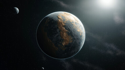Fototapeta premium This image showcases a detailed view of an Earth-like planet with landmasses and oceans, captured in deep space with a distant star illuminating the scene.