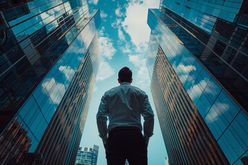 Powerful businessman looks up at the sky from between skyscrapers. Business themed concept image.