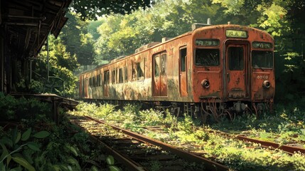 Obraz premium Whimsical anime illustration of an abandoned train, showcasing vibrant decay and lush surroundings.